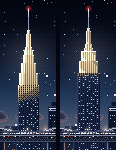Two pixel-art drawings of the Empire State Building at night, side by side. Left: a cream spire that narrows evenly from the middle of the tower up to the antenna. Right: a tall dark shaft of lit windows under a short, stepped, floodlit crown and a slim mast.
